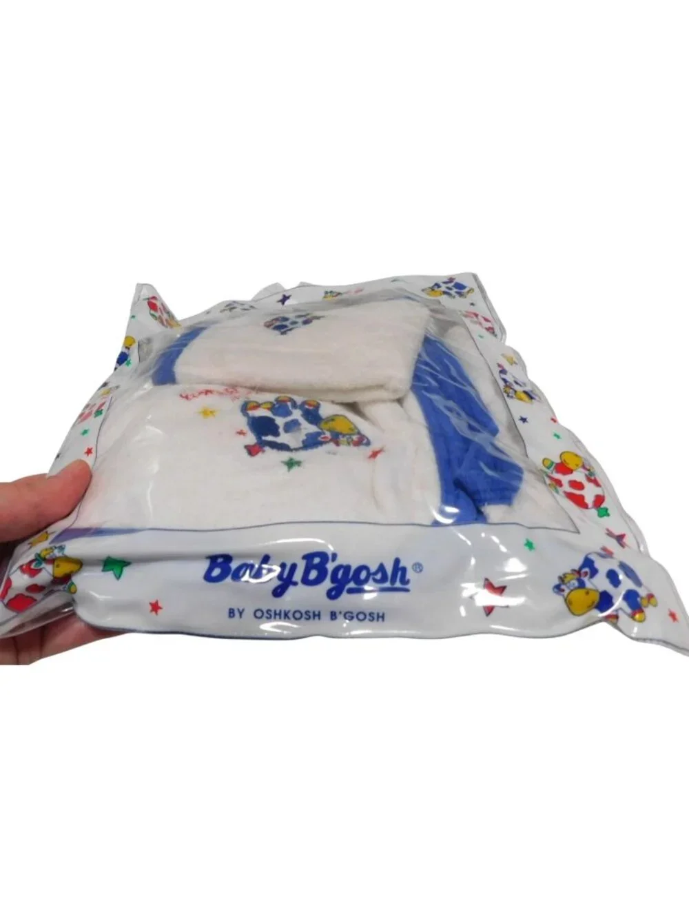 Vintage Oshkosh Baby BGosh Hooded Towel & Washcloth Set Blue & White Cow Print